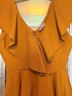 Alythea One-Shoulder Ruffle Fit-and-Flare Dress in Mustard
